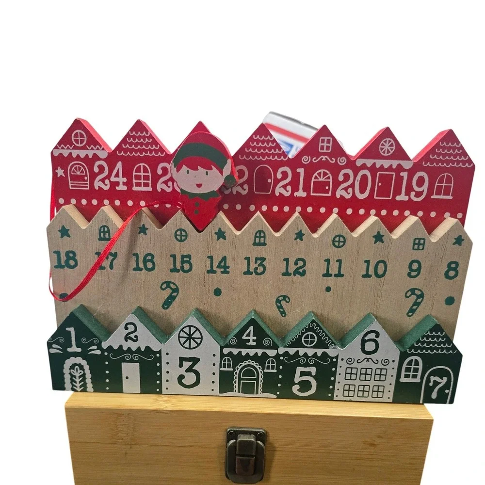 Wooden Christmas Village Advent Calendar Elf Countdown Timer with‎ Storage Box